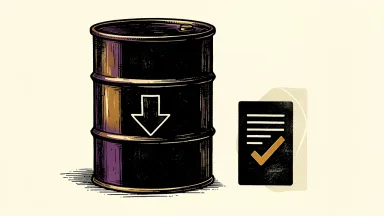 Hess Midstream shares fall 14% as a barrel with a downward arrow sits beside a veiled document icon.