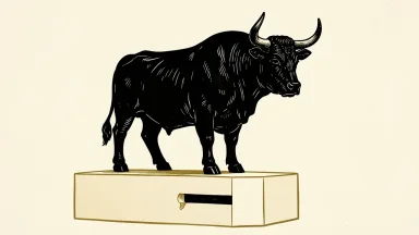Apollo Global Management price target cut: a solid bull statue on a pedestal with a horizontal bar positioned below a previous mark.