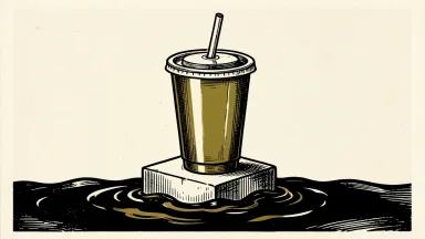 McDonald's stock hitting a 52-week low: a tall paper soda cup on a pedestal sinking into a dark surface.