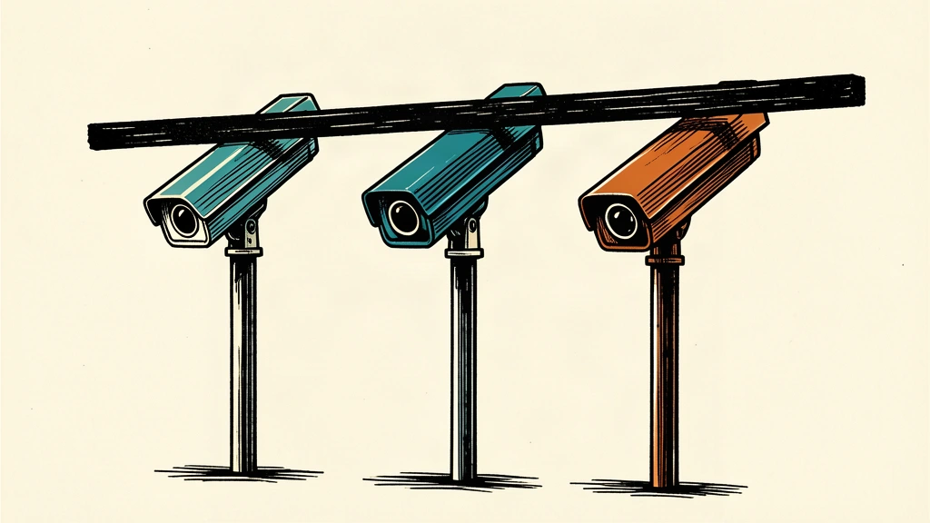 An editorial illustration showing surveillance cameras on poles tilted down and blocked by a heavy horizontal bar.