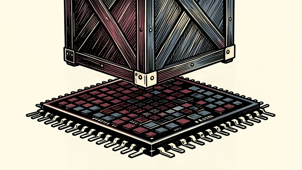 A large microchip and an industrial shipping crate merging into a single unit.