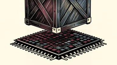A large microchip and an industrial shipping crate merging into a single unit.