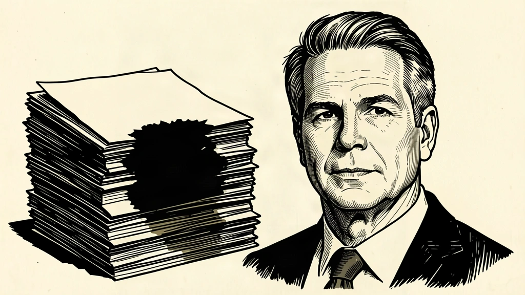A portrait of Scott Bessent next to a stack of documents where a deep shadow hides the central details. Identity photo references adapted into illustration: United States Department of the Treasury (Public domain; https://commons.wikimedia.org/wiki/File:Official_portrait_of_Treasury_Secretary_Scott_Bessent.jpg); source https://commons.wikimedia.org/wiki/File:Official_portrait_of_Treasury_Secretary_Scott_Bessent.jpg