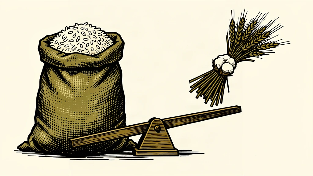An editorial illustration showing a massive sack of rice outweighing other agricultural goods on a balance scale, representing the surge in commodity prices.