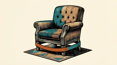 Wayfair and Klarna expand their partnership: a large wooden armchair is connected to a payment tile by a flexible band.