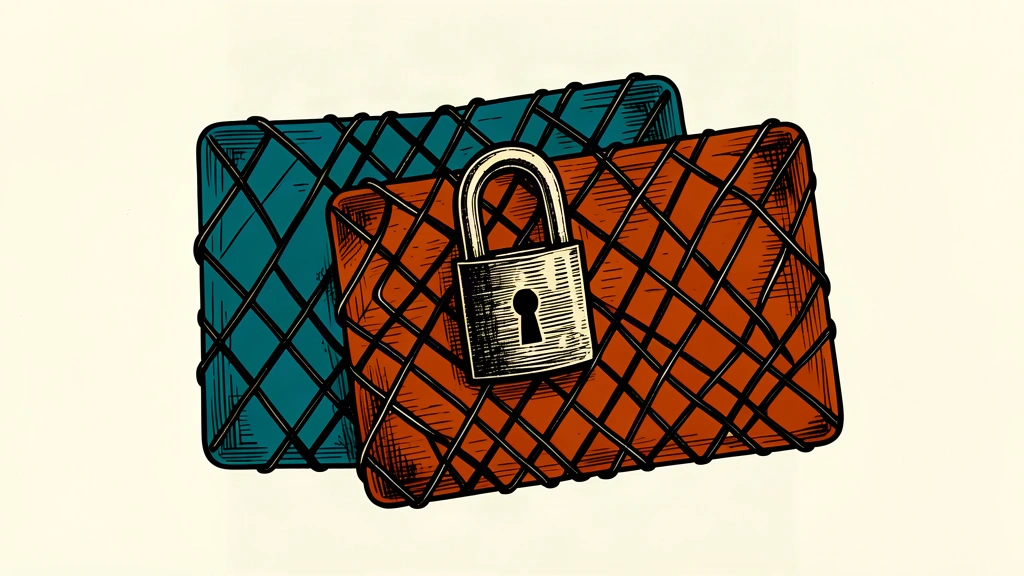 An editorial illustration showing two payment cards protected by a heavy mesh and a large padlock, representing cybersecurity services.