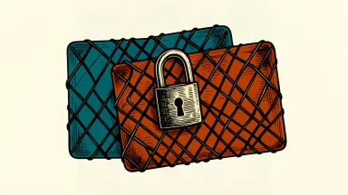 An editorial illustration showing two payment cards protected by a heavy mesh and a large padlock, representing cybersecurity services.