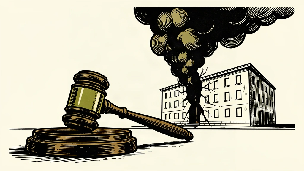 An editorial illustration showing a courtroom gavel in the foreground facing a distant building that has been torn apart by an explosion.