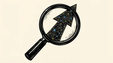 Palantir Technologies receives an Overweight rating from Barclays: a magnifying glass highlights a data network shaped like an upward arrow.