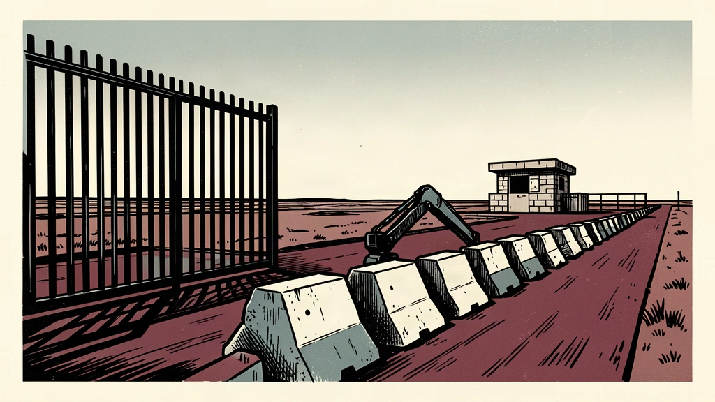An editorial illustration showing a border crossing being reinforced with heavy concrete blocks and a metal gate.