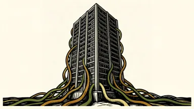 A towering server rack rises high above its original footprint, wrapped in thick power cables to represent increased capacity and energy demand.