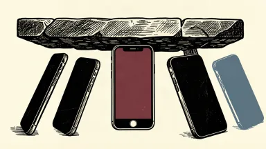 A smartphone is pinned between a heavy stone ceiling and several competing devices pressing in from the sides.