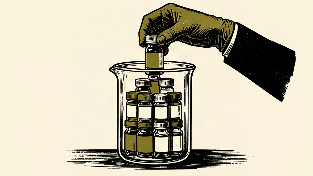A vertical stack of pharmaceutical vials rises out of a glass beaker, supported by a pair of hands.