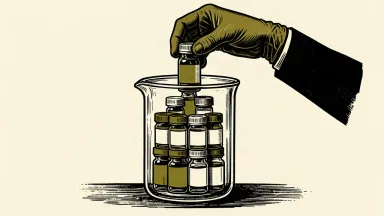 A vertical stack of pharmaceutical vials rises out of a glass beaker, supported by a pair of hands.