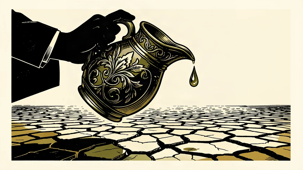 An editorial illustration showing a single drop of water falling from a pitcher onto cracked, dry ground.
