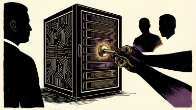 Penguin Solutions reports surging profit on AI demand: a large server rack with glowing circuits is unlocked by a pair of hands.