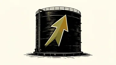 Crescent Energy outlook revised to positive: an industrial oil storage tank with a large upward-pointing arrow on its side.