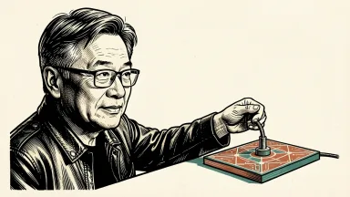 Nvidia CEO Jensen Huang holding a heavy metal tether bolted to an AI agent tile to represent the removal of autonomous rights. Identity photo references adapted into illustration: Photographer: Peter Dasilva (CC BY 4.0; https://creativecommons.org/licenses/by/4.0); source https://commons.wikimedia.org/wiki/File:Jensen_Huang_(cropped)_(2024).jpg