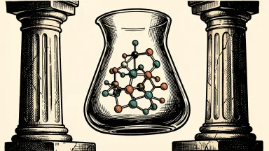Xenon Pharmaceuticals receives a Buy rating from Guggenheim: a large laboratory beaker containing a molecular structure is supported by two stone pillars.