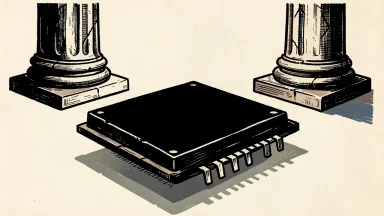 Micron memory chip under pressure from upcoming economic data: a large semiconductor chip tilted downward as two heavy stone pillars loom in the background.