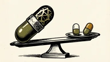 AbbVie's ABBV-466 dual-targeting therapy: a large split-pattern capsule outweighs two smaller single-therapy capsules on a balance scale.
