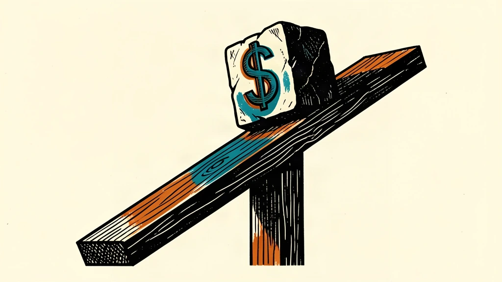 A heavy stone block with a dollar sign rests on a wooden plank that is tilted at a steep upward angle.