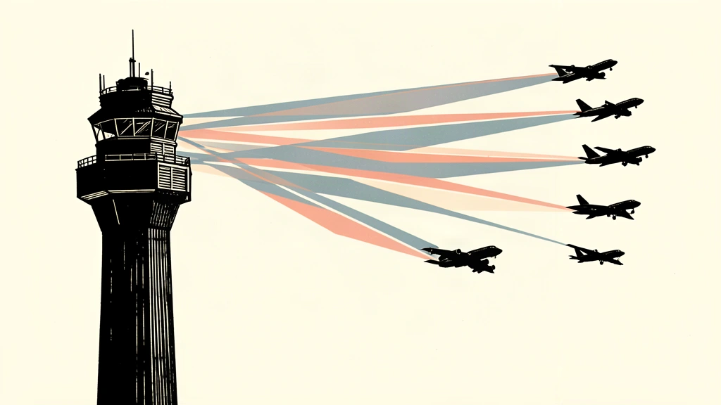 An editorial illustration showing an air traffic control tower projecting a precise grid of light to guide a formation of planes, symbolizing a modernization request.