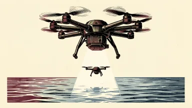 ZenaTech ZenaDrone 2000 advancing toward flight testing: a heavy-lift octocopter drone hovers over the sea, tracking a smaller drone silhouette with a beam of light.