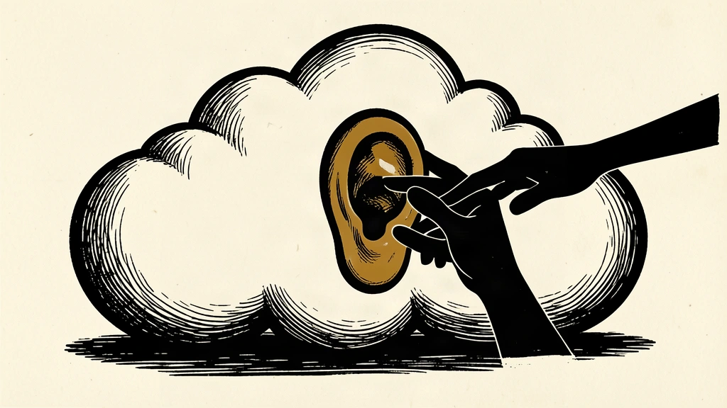 A large cloud-like structure receives a giant ear-shaped component, symbolizing a corporate acquisition for research capabilities.