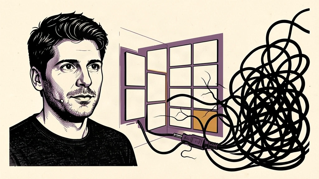 A portrait of Sam Altman watching a digital interface as its connection cable unspools into a chaotic tangle of lines. Identity photo references adapted into illustration: Steve Jurvetson (CC BY 2.0; https://creativecommons.org/licenses/by/2.0); source https://commons.wikimedia.org/wiki/File:Sam_Altman_speaking_at_TED_(cropped).jpg