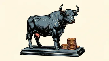 Fox Corporation upgrade depicted by a bronze bull and gold coins on a pedestal.