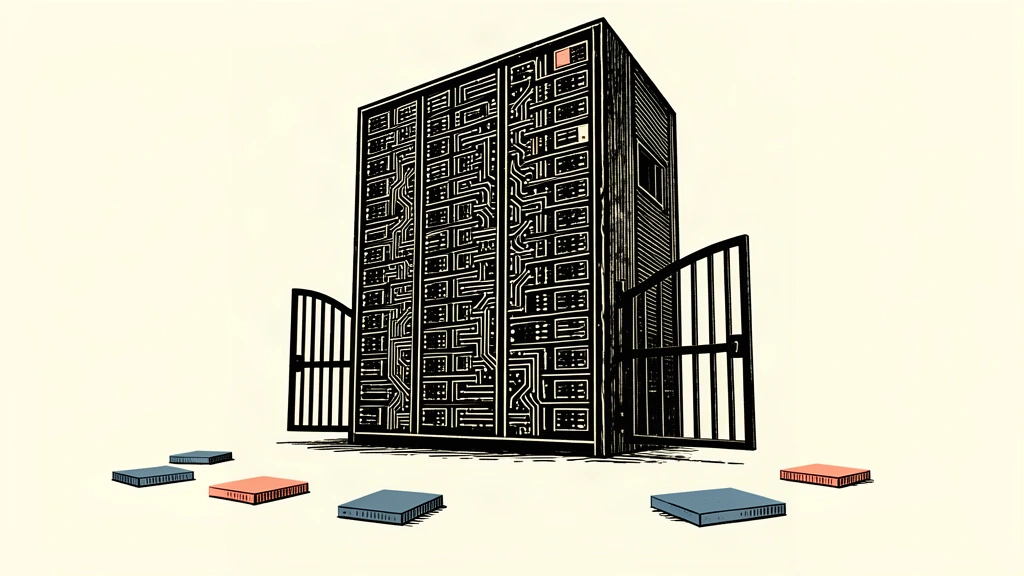 An editorial illustration showing a heavy gate descending to block a massive server tower while smaller, simpler blocks remain free in the foreground.