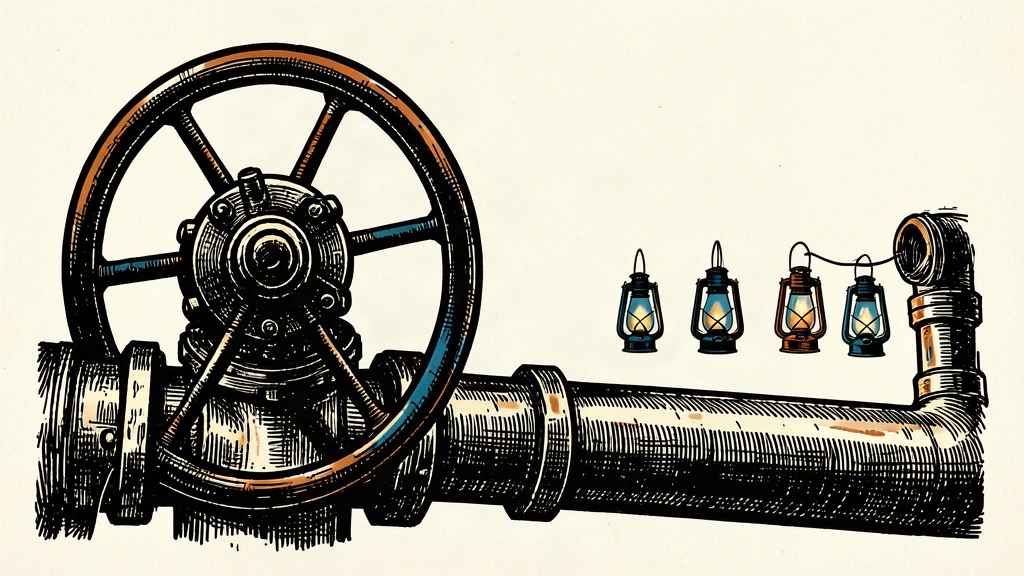 An illustration showing a large, closed industrial gas valve separated by a gap from a row of small lanterns.