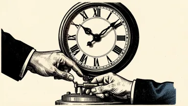 The People's Bank of China studying a switch to overnight operations: a hand adjusts a precise lever at the base of a large clock set to midnight.