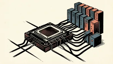 Google TPU chips driving cloud revenue growth: a central processor chip with conduits powering a series of expanding server blades.
