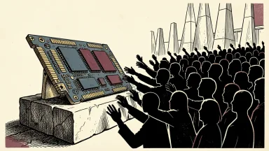 Micron DRAM supply-demand imbalance: a memory module on a pedestal being reached for by a dense crowd of silhouettes.