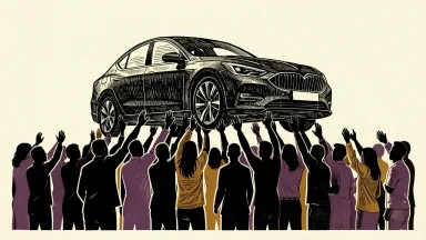 Tesla retail shareholder voting program: a crowd of anonymous silhouettes collectively lifts a sleek electric sedan.