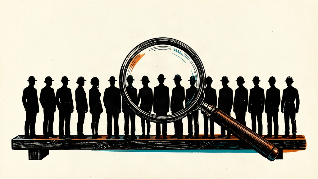 An editorial illustration showing a row of worker silhouettes viewed through a magnifying glass on a level surface, representing a stable labor market.