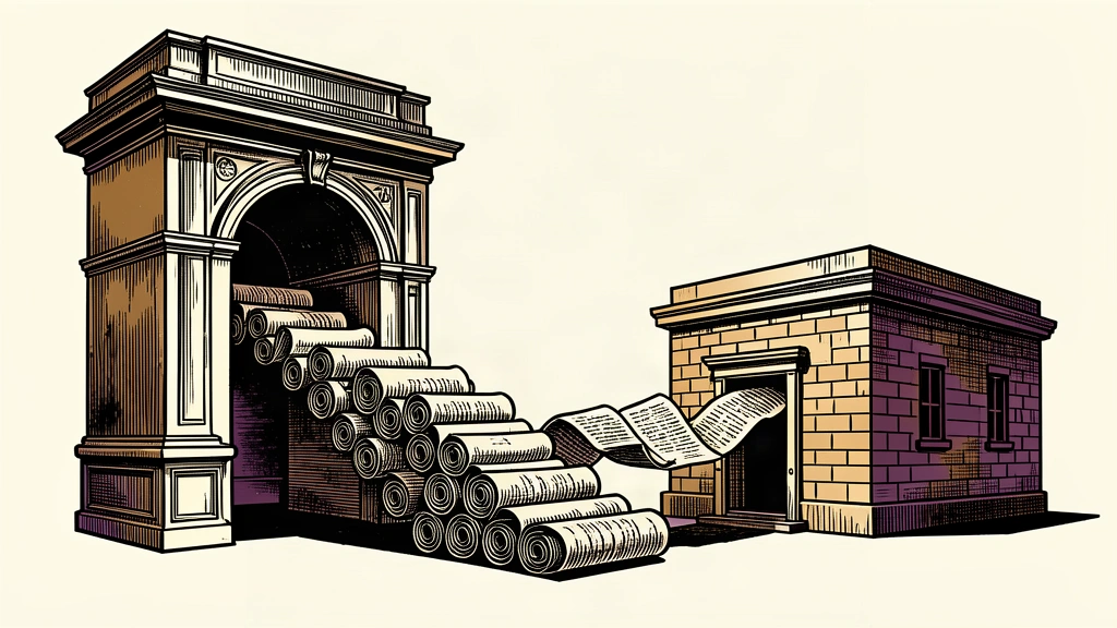 An editorial illustration showing a central bank archway transferring a steady stream of rolled scrolls to a government building.