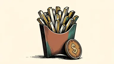 Lamb Weston earnings: a large carton overflowing with thick-cut french fries beside a single large coin.