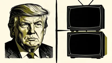 An editorial illustration showing Donald Trump next to a stack of three blank, dark television screens, separated by a sharp visual divide. Identity photo references adapted into illustration: Daniel Torok (Public domain; https://commons.wikimedia.org/wiki/File:Official_Presidential_Portrait_of_President_Donald_J._Trump_(2025).jpg); source https://commons.wikimedia.org/wiki/File:Official_Presidential_Portrait_of_President_Donald_J._Trump_(2025).jpg