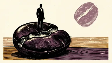 Keurig Dr Pepper names Russ Torres as CEO of its future coffee spin-off: a silhouette of a leader stands on a massive coffee bean as a new structure rises.