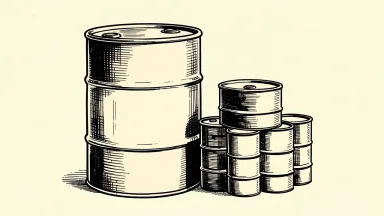 ICE Brent options record volume shown as a large metal barrel with a group of smaller barrels beside it.