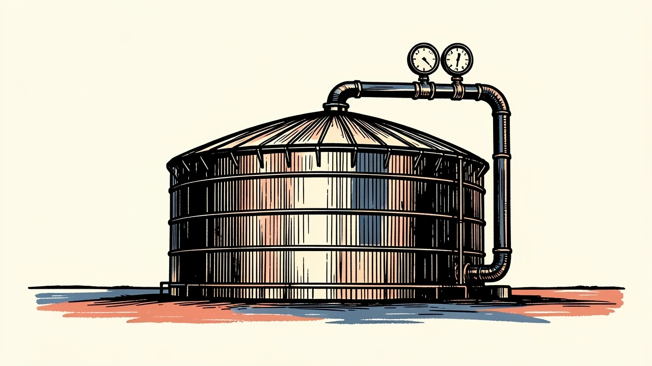 US natural gas output forecast raised by EIA: a large industrial storage tank and rising pipeline with a pressure gauge needle pointing upward.