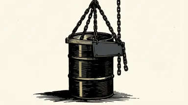 Brent crude prices reacting to US policy: a large oil barrel being partially enclosed by a heavy descending metal gate.
