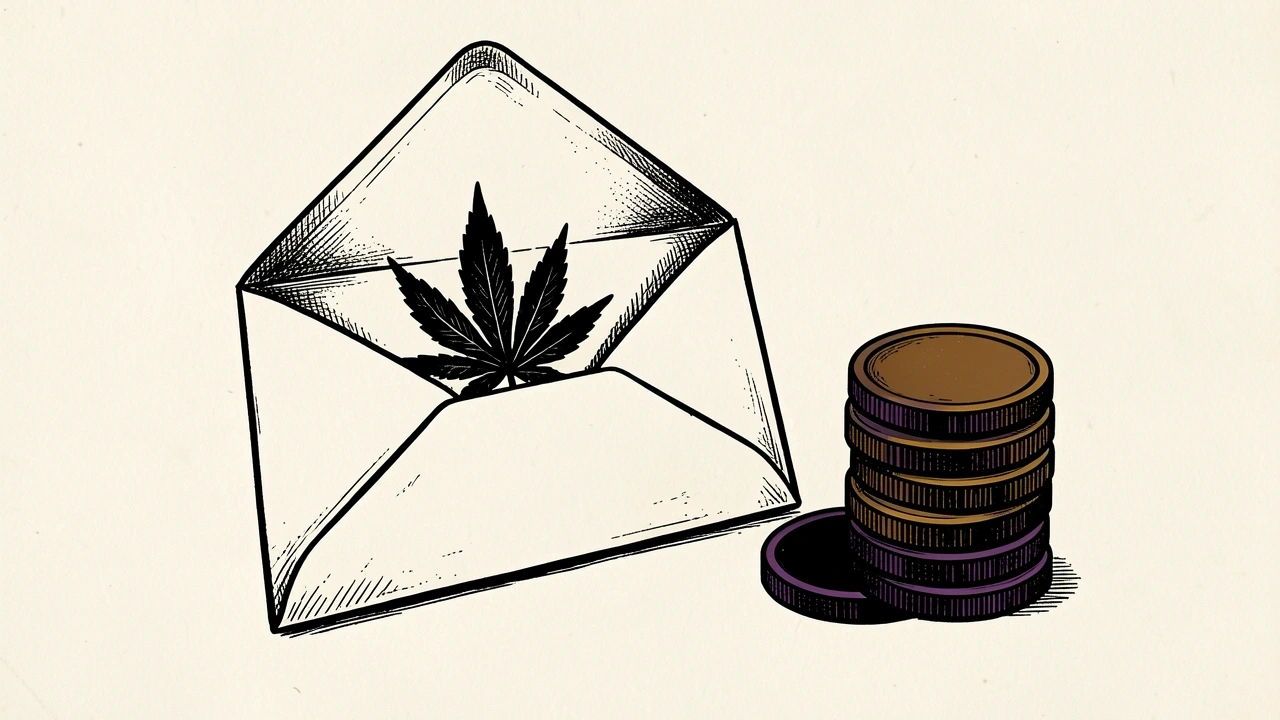 Tilray Brands price target cut is shown as an envelope with a cannabis leaf and a stack of coins.
