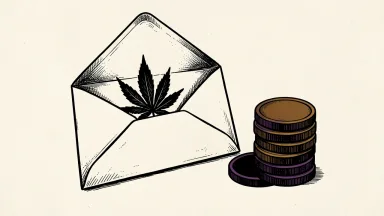 Tilray Brands price target cut is shown as an envelope with a cannabis leaf and a stack of coins.