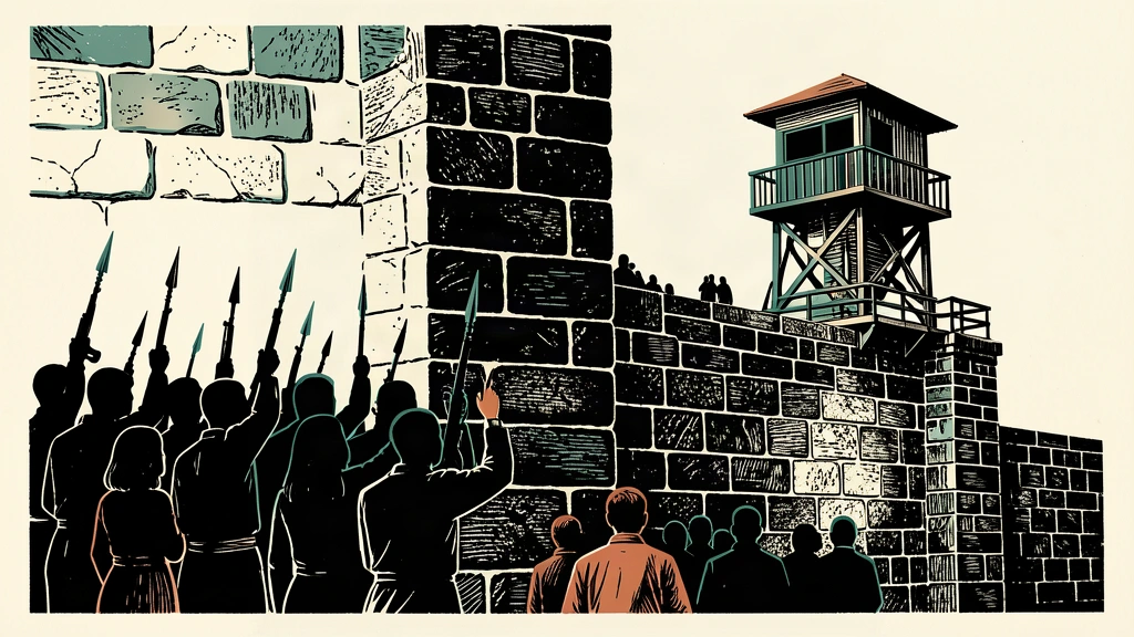 An editorial illustration showing a solid stone wall separating a group of armed silhouettes from a tall, intact observation tower.