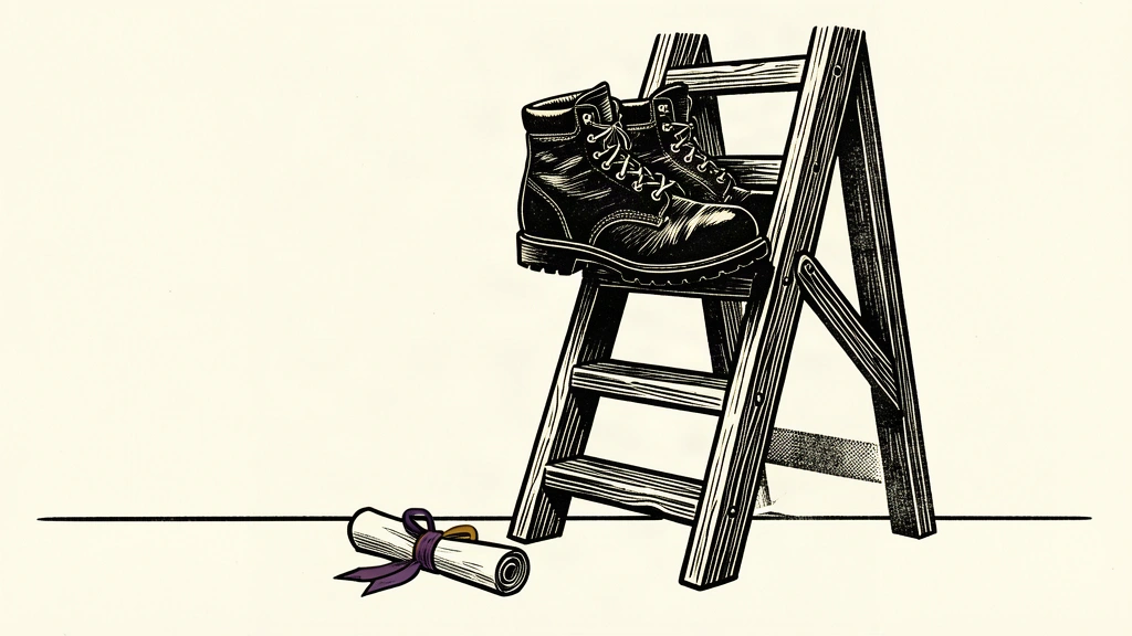An editorial illustration showing work boots at the top of a ladder, looking down at a small diploma on the floor.