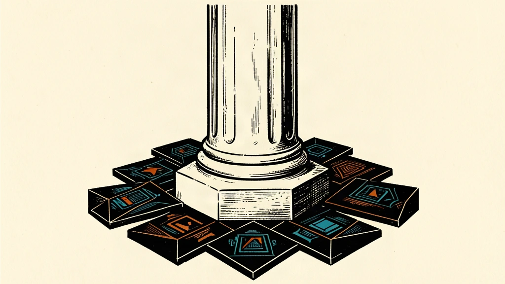 An editorial illustration showing a thick ivory column separating a dense cluster of dark geometric blocks to represent antitrust guidance in the AI sector.